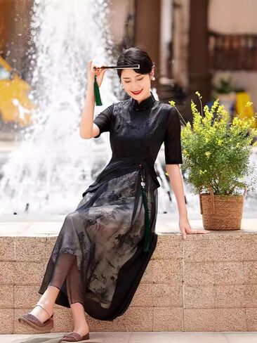 فستان Ao Dai نسائي أسود صيني - تصميم تقليدي متواضع أنيق طويل شيونغسام للارتداء اليومي وحفلات الزفاف والحفلات in Saudi Arabia
