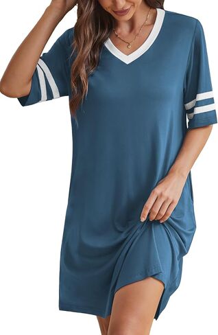 Nightgowns for Womens Short Sleeve Sleepwear Color Block V Neck Soft Sleep Shirts Dress with Pockets in Saudi Arabia