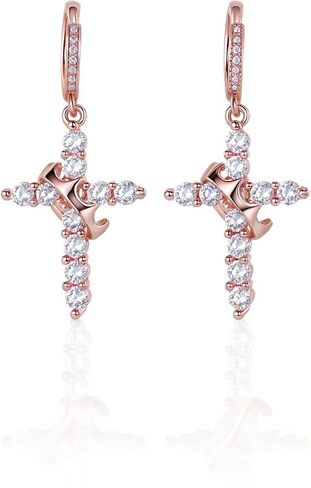 Hersin Crown Cross Earrings for Women 18K Gold Plated Diamond Drop Dangle Cross Hoop Earrings Small CZ Huggie Hoops Faith Cross Jewelry Gifts for Women Men in Kuwait