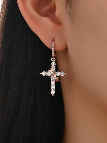 Hersin Crown Cross Earrings for Women 18K Gold Plated Diamond Drop Dangle Cross Hoop Earrings Small CZ Huggie Hoops Faith Cross Jewelry Gifts for Women Men in Kuwait