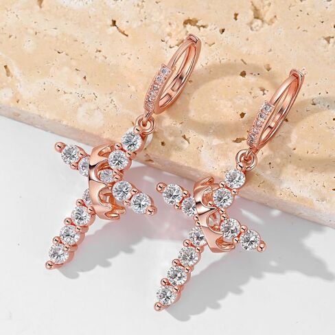 Hersin Crown Cross Earrings for Women 18K Gold Plated Diamond Drop Dangle Cross Hoop Earrings Small CZ Huggie Hoops Faith Cross Jewelry Gifts for Women Men in Kuwait