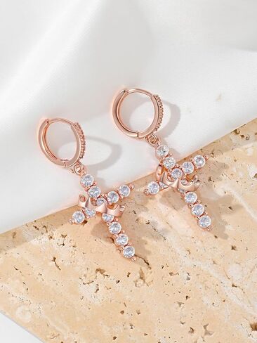 Hersin Crown Cross Earrings for Women 18K Gold Plated Diamond Drop Dangle Cross Hoop Earrings Small CZ Huggie Hoops Faith Cross Jewelry Gifts for Women Men in Kuwait