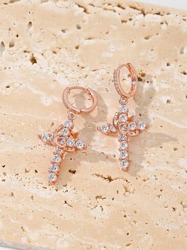 Hersin Crown Cross Earrings for Women 18K Gold Plated Diamond Drop Dangle Cross Hoop Earrings Small CZ Huggie Hoops Faith Cross Jewelry Gifts for Women Men in Kuwait