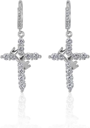 هيرسين تاج الصليب الأقراط للنساء 18K الذهب مطلي الماس قطرة تتدلى الصليب هوب الأقراط الصغيرة تشيكوسلوفاكيا Huggie الأطواق الإيمان الصليب مجوهرات هدايا للنساء الرجال in Kuwait