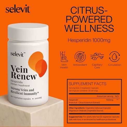 Vein Renew (Hesperidin) 1000 مجم - 60 كبسولة نباتية، مكمل غذائي، مضادات أكسدة طبيعية، الصحة العامة والدورة الدموية، كمية تكفي لمدة 30 يومًا، معتمدة من ممارسات التصنيع الجيدة، صنع في الولايات المتحدة الأمريكية in Saudi Arabia