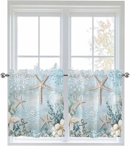 Teal Ocean Coastal Half Window Curtains 24 Inches Long, Summer Beach Window Treatment Curtain Drapes, Nautical Coral Starfish Short Window Tiers for Laundry Room Over Sink, 27.5"x24", 2 Panels in Saudi Arabia