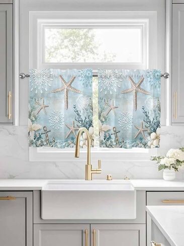 Teal Ocean Coastal Half Window Curtains 24 Inches Long, Summer Beach Window Treatment Curtain Drapes, Nautical Coral Starfish Short Window Tiers for Laundry Room Over Sink, 27.5"x24", 2 Panels in Saudi Arabia