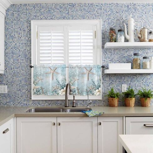 Teal Ocean Coastal Half Window Curtains 24 Inches Long, Summer Beach Window Treatment Curtain Drapes, Nautical Coral Starfish Short Window Tiers for Laundry Room Over Sink, 27.5"x24", 2 Panels in Saudi Arabia