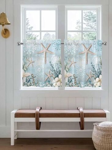 Teal Ocean Coastal Half Window Curtains 24 Inches Long, Summer Beach Window Treatment Curtain Drapes, Nautical Coral Starfish Short Window Tiers for Laundry Room Over Sink, 27.5"x24", 2 Panels in Saudi Arabia