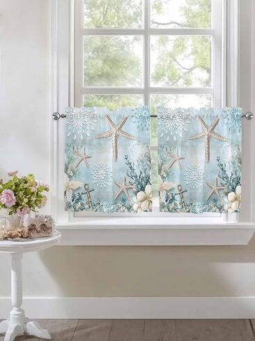 Teal Ocean Coastal Half Window Curtains 24 Inches Long, Summer Beach Window Treatment Curtain Drapes, Nautical Coral Starfish Short Window Tiers for Laundry Room Over Sink, 27.5"x24", 2 Panels in Saudi Arabia