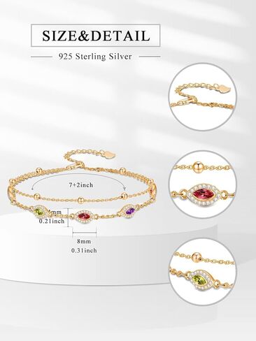 Evil Eye Birthstone Charm Link Bracelet 925 Sterling Silver Evil Eye Bracelet with 12 Months Birthstone Birthday Jewelry Gifts for Women Mom Her,Chain Length 7"+2" Extend in Kuwait