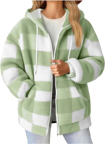 Women Fleece Plaid Zip Up Hoodies Fuzzy Warm Full-Zip Shacket Fall Winter Plush Hooded Jackets Coat with Pocket in Saudi Arabia