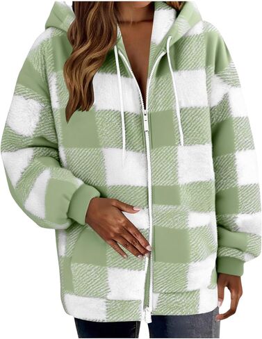 Women Fleece Plaid Zip Up Hoodies Fuzzy Warm Full-Zip Shacket Fall Winter Plush Hooded Jackets Coat with Pocket in Saudi Arabia