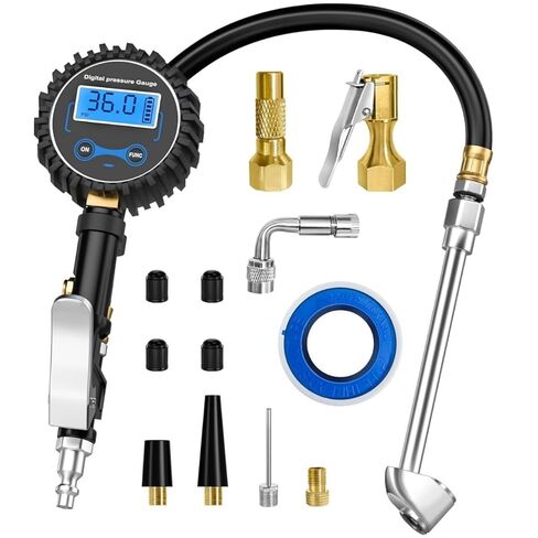 مقياس نفخ الإطارات الرقمي - 250 رطل لكل بوصة مربعة، خرطوم مضفر من الفولاذ المقاوم للصدأ، ظرف دوار للقفل، وصلة سريعة، دقة 0.1 للسيارة والشاحنات وسيارات الدفع الرباعي والمركبات الترفيهية والدراجة - أداة هوائية شديدة التحمل in Kuwait