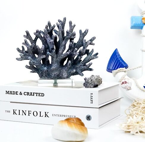 Coral Reef Beach Decor,6.3'' High x 7.5'' Width Artificial Resin Coral Reef Statue for Ocean Coastal Beach Nautical Themed Room Bathroom Decor for Home,RB1001B,Blue in Saudi Arabia