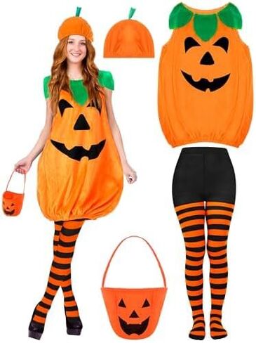 Halloween Adult Pumpkin Costume Set - Sleeveless Velvet Pumpkin Outfit with Candy Bag, Funny Hat & Striped Tights for Women Halloween Party Cosplay in Saudi Arabia