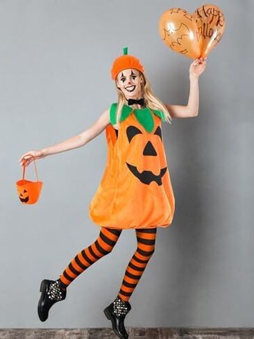 Halloween Adult Pumpkin Costume Set - Sleeveless Velvet Pumpkin Outfit with Candy Bag, Funny Hat & Striped Tights for Women Halloween Party Cosplay in Saudi Arabia