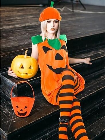 Halloween Adult Pumpkin Costume Set - Sleeveless Velvet Pumpkin Outfit with Candy Bag, Funny Hat & Striped Tights for Women Halloween Party Cosplay in Saudi Arabia