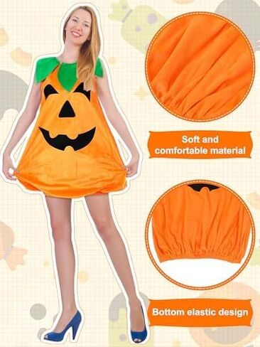 Halloween Adult Pumpkin Costume Set - Sleeveless Velvet Pumpkin Outfit with Candy Bag, Funny Hat & Striped Tights for Women Halloween Party Cosplay in Saudi Arabia