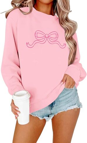 Cute Pink Bow Sweatshirt Women Preppy Aesthetic Graphic Sweatshirts Coquette Hoodie Pullover Long Sleeve Shirts in Kuwait