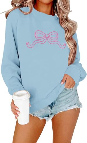 Cute Pink Bow Sweatshirt Women Preppy Aesthetic Graphic Sweatshirts Coquette Hoodie Pullover Long Sleeve Shirts in Kuwait