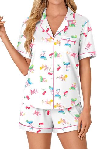 LYANER Women's Pajama Sets Striped Button Down Pj Set Sleepwear Shirt and Shorts Two Piece Lounge Sets in Saudi Arabia