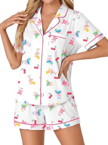 LYANER Women's Pajama Sets Striped Button Down Pj Set Sleepwear Shirt and Shorts Two Piece Lounge Sets in Saudi Arabia