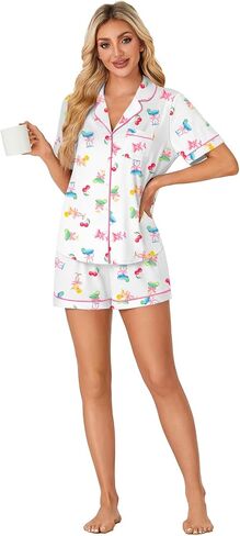 LYANER Women's Pajama Sets Striped Button Down Pj Set Sleepwear Shirt and Shorts Two Piece Lounge Sets in Saudi Arabia