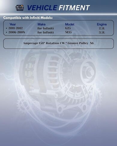 مولد كهربائي مُعاد بناؤه من أجزاء SB 150 أمبير متوافق مع Infiniti G25 2011-2012 (2.5L)، M35 2006 2007 2008 (3.5L) in Saudi Arabia