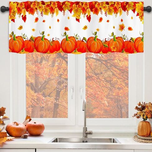 Limike Fall Valances for Windows, Fall Leaves Pumpkin Kitchen Curtains Valances, Rod Pocket Window Valance for Kitchen, Window Treatments Drapes for Bedroom 54" W x 18" L, 1 Panel in Kuwait