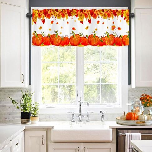 Limike Fall Valances for Windows, Fall Leaves Pumpkin Kitchen Curtains Valances, Rod Pocket Window Valance for Kitchen, Window Treatments Drapes for Bedroom 54" W x 18" L, 1 Panel in Kuwait