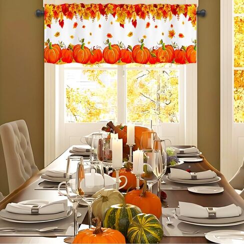 Limike Fall Valances for Windows, Fall Leaves Pumpkin Kitchen Curtains Valances, Rod Pocket Window Valance for Kitchen, Window Treatments Drapes for Bedroom 54" W x 18" L, 1 Panel in Kuwait