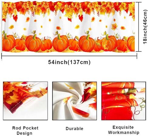 Limike Fall Valances for Windows, Fall Leaves Pumpkin Kitchen Curtains Valances, Rod Pocket Window Valance for Kitchen, Window Treatments Drapes for Bedroom 54" W x 18" L, 1 Panel in Kuwait