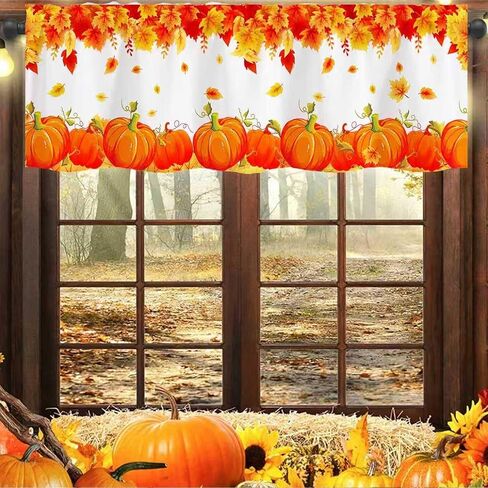 Limike Fall Valances for Windows, Fall Leaves Pumpkin Kitchen Curtains Valances, Rod Pocket Window Valance for Kitchen, Window Treatments Drapes for Bedroom 54" W x 18" L, 1 Panel in Kuwait