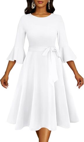 فساتين الكوكتيل النسائية من Nmoder - فستان متوسط ​​الطول لحفلات الزفاف Geust Tea Party بأكمام جرس مع حزام in Kuwait