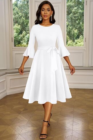 فساتين الكوكتيل النسائية من Nmoder - فستان متوسط ​​الطول لحفلات الزفاف Geust Tea Party بأكمام جرس مع حزام in Kuwait