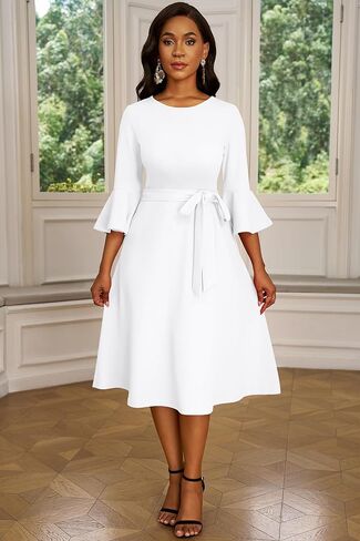 فساتين الكوكتيل النسائية من Nmoder - فستان متوسط ​​الطول لحفلات الزفاف Geust Tea Party بأكمام جرس مع حزام in Kuwait