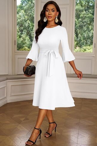 فساتين الكوكتيل النسائية من Nmoder - فستان متوسط ​​الطول لحفلات الزفاف Geust Tea Party بأكمام جرس مع حزام in Kuwait