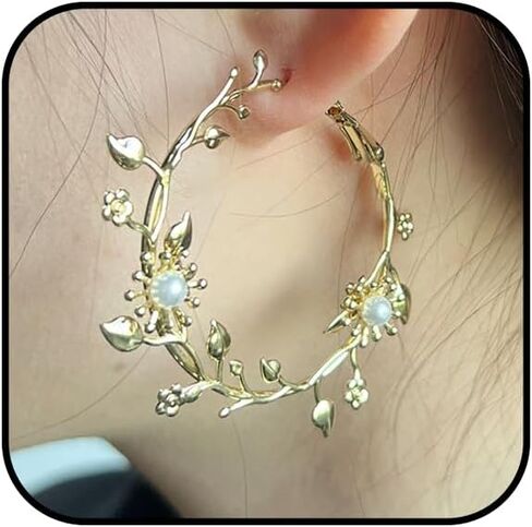 Leaf Hoop Earring for Women Gold Butterfly Hoop Earrings Large Leaf Flower Pearl Hoop Earring Big Butterfly Hollow Earrings Statement Dangle Earrings Jewelry in Saudi Arabia