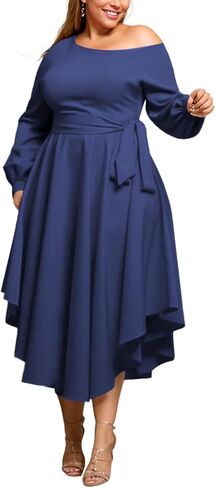 Plus Size Formal Dresses for Women Off Shoulder Long Sleeve Boat Neck Irregularly Flowy Midi Church Dress in Saudi Arabia