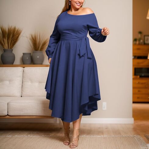 Plus Size Formal Dresses for Women Off Shoulder Long Sleeve Boat Neck Irregularly Flowy Midi Church Dress in Saudi Arabia