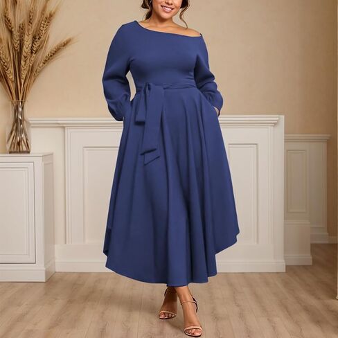 Plus Size Formal Dresses for Women Off Shoulder Long Sleeve Boat Neck Irregularly Flowy Midi Church Dress in Saudi Arabia