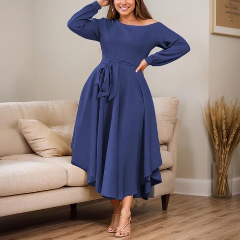 Plus Size Formal Dresses for Women Off Shoulder Long Sleeve Boat Neck Irregularly Flowy Midi Church Dress in Saudi Arabia