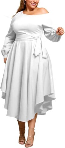 Plus Size Formal Dresses for Women Off Shoulder Long Sleeve Boat Neck Irregularly Flowy Midi Church Dress in Saudi Arabia