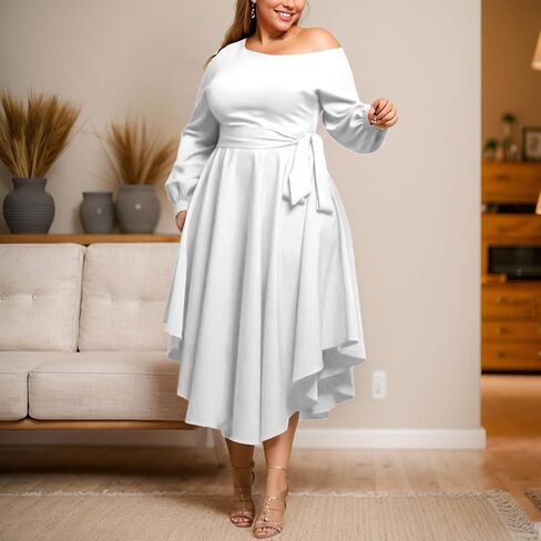 Plus Size Formal Dresses for Women Off Shoulder Long Sleeve Boat Neck Irregularly Flowy Midi Church Dress in Saudi Arabia