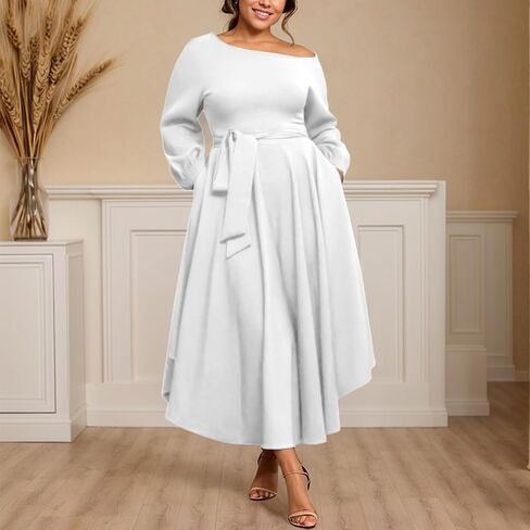 Plus Size Formal Dresses for Women Off Shoulder Long Sleeve Boat Neck Irregularly Flowy Midi Church Dress in Saudi Arabia