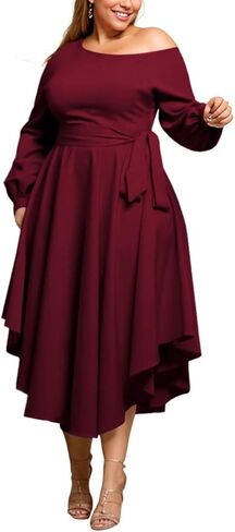 Plus Size Formal Dresses for Women Off Shoulder Long Sleeve Boat Neck Irregularly Flowy Midi Church Dress in Saudi Arabia