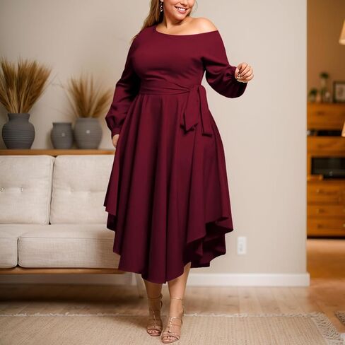 Plus Size Formal Dresses for Women Off Shoulder Long Sleeve Boat Neck Irregularly Flowy Midi Church Dress in Saudi Arabia