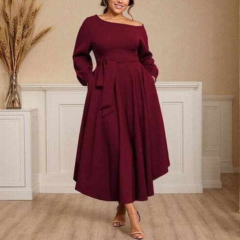Plus Size Formal Dresses for Women Off Shoulder Long Sleeve Boat Neck Irregularly Flowy Midi Church Dress in Saudi Arabia