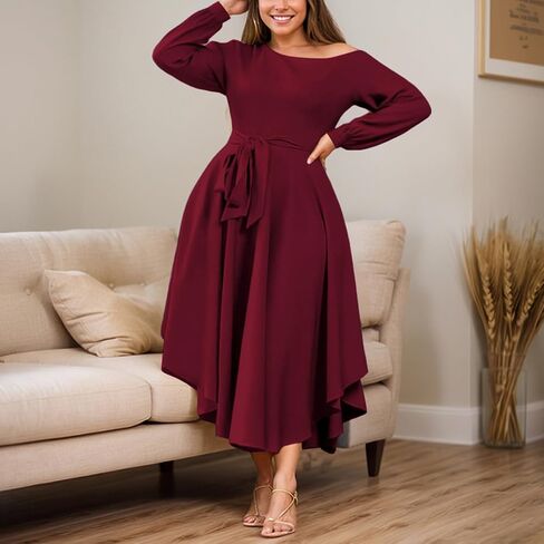 Plus Size Formal Dresses for Women Off Shoulder Long Sleeve Boat Neck Irregularly Flowy Midi Church Dress in Saudi Arabia